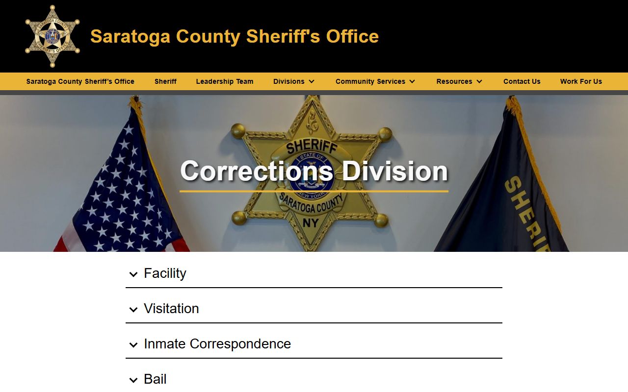 Saratoga County Sheriff's Corrections Division page with jail visitation, mail, commissary, and bail information
